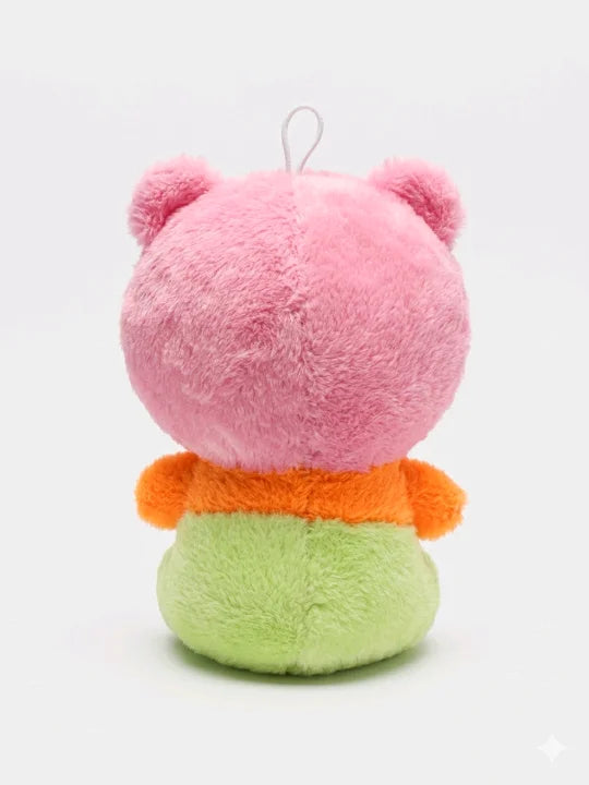 Cheerful Pink Teddy Bear in Green Dungarees – Soft Plush Stuffed Toy (23cm)