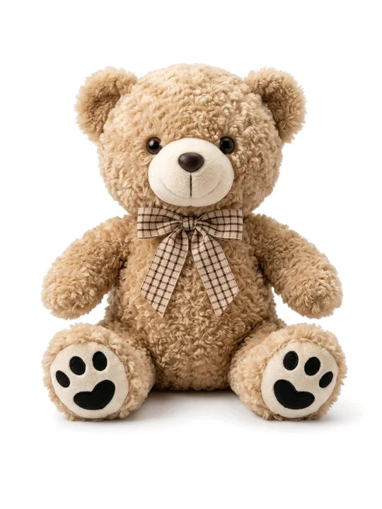 Premium Curly-Fur Teddy Bear β Cozy Soft Toy with Plaid Bow Tie (40cm)