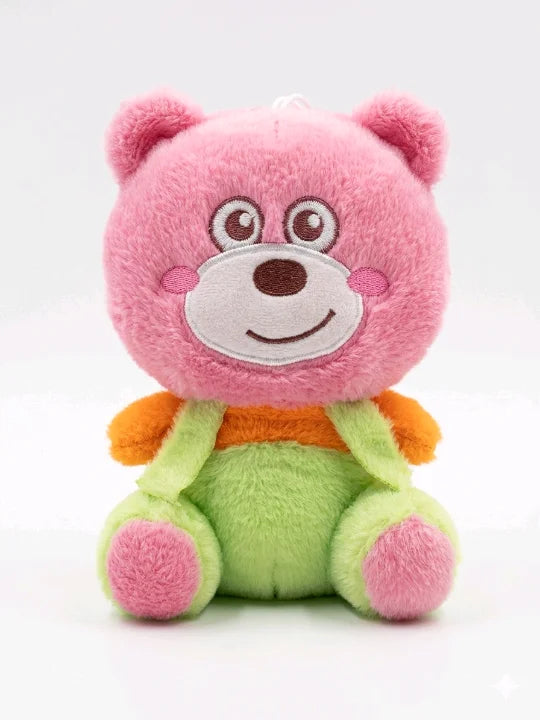Cheerful Pink Teddy Bear in Green Dungarees – Soft Plush Stuffed Toy (23cm)