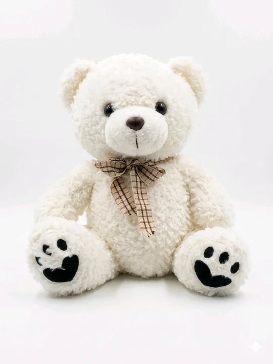 Premium Curly-Fur Teddy Bear – Cozy Soft Toy with Plaid Bow Tie (40cm)