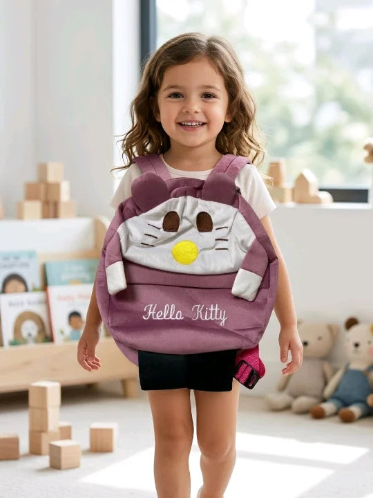 Aesthetic Mauve Feline Plush Backpack – Premium 2-in-1 Kids Daycare & Picnic Bag