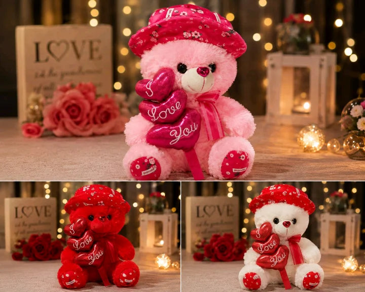 Triple Heart "I Love You" Floral Teddy Bear Plush – 30 cm & 40 cm