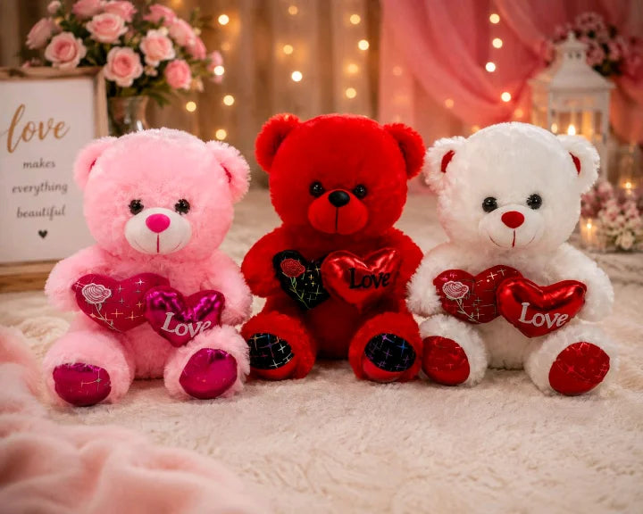 Dual Heart Rose & "Love" Teddy Bear Plush – 30 cm & 40 cm